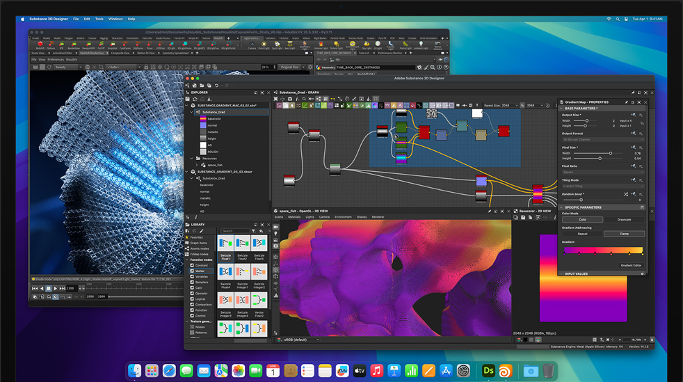 Programų „Adobe Substance 3D Designer“, „Houdini“ ir „Redshift“, kurios naudojamos redaguojant „Mac Studio“ su „M4 Max“, vaizdas ekrane