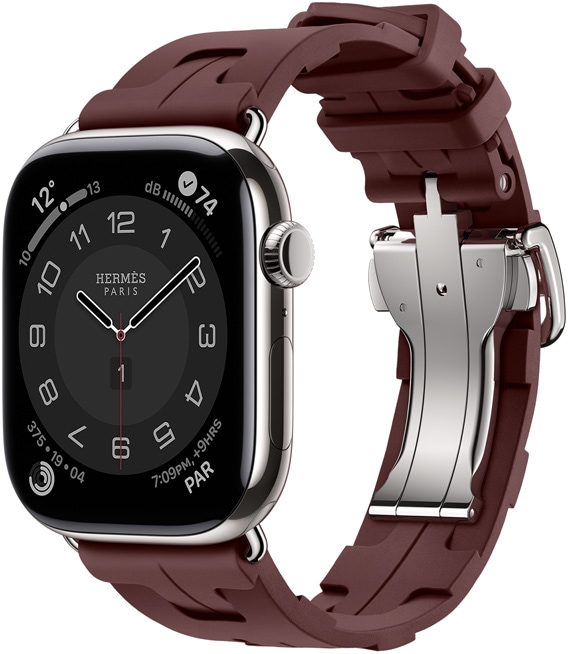 Apple Watch Hermès Series 11 بإطار من التيتانيوم الفضي، وحزام Kilim بلون أحمر بوردو، ومشبك معدني فضي سريع الفتح