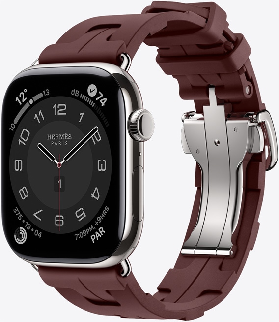 Apple Watch Hermès Series 11, titanium case, silver color, Kilim band, bordeaux color, silver quick-release metal buckle
