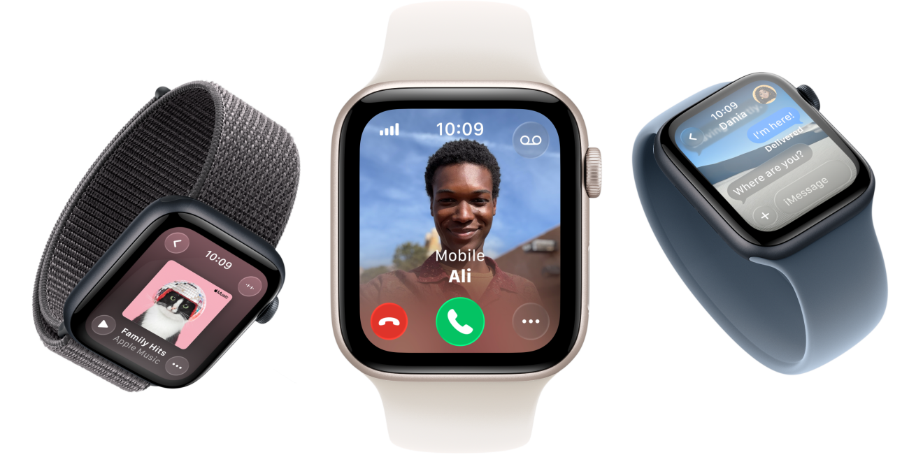 Apple Watch SE 3 devices, aluminum cases, starlight and midnight colors, Sport Loop, dark gray color, Solo Loop, light blush color, Solo Loop, anchor blue color, screens: Apple Music, incoming call, Messages