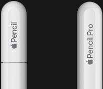 قلم&nbsp;Apple&nbsp;Pro، الجزء الجانبي الخارجي، لون أبيض، غطاء مدور منقوش عليه Apple&nbsp;Pencil&nbsp;Pro، وقلم Apple&nbsp;‏(USB-C)، الجزء الجانبي الخارجي، لون أبيض، غطاء مدور منقوش عليه ‏Apple&nbsp;Pencil‏
