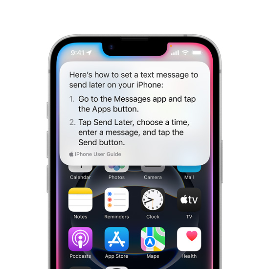 iPhone 16e showing text pop-up from Siri with instructions on how to set a text message to send later.