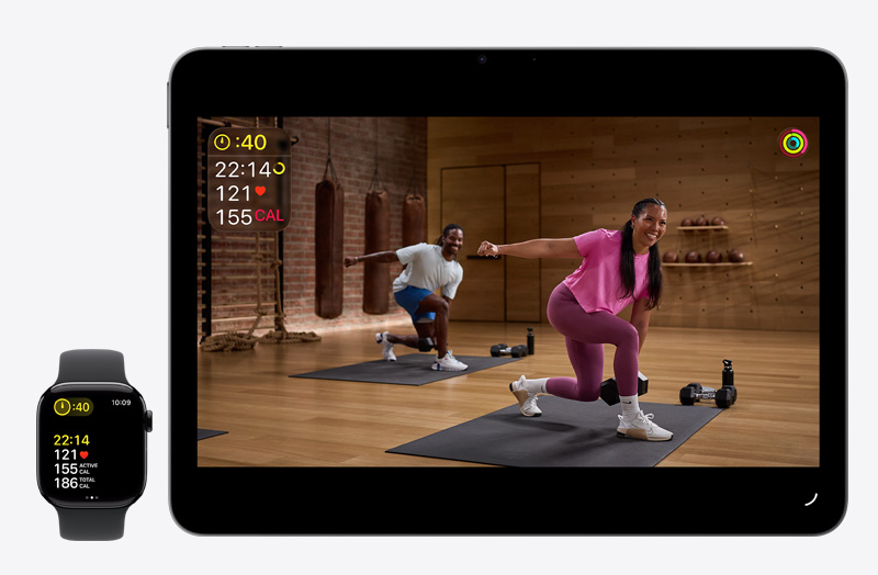 Apple Watch tracks a workout, iPad plays live fitness class