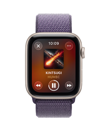 Apple Watch SE 3, caja de aluminio, blanco estelar, reproducción de contenido multimedia, Apple Music, parte lateral derecha, Digital Crown, correa loop deportiva, morado niebla