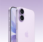 iPhone 17, lavender color, front exterior, back angled exterior, Dual Fusion camera system at top left, Camera Control button, front side exterior all screen design, Action, volume, and side buttons