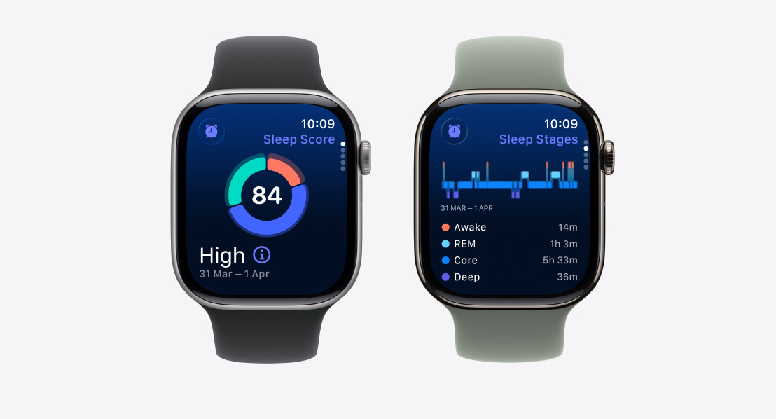 Two Apple Watch Series 11, sleep score screen, possible sleep apnea notification, Sport Loops, black and green gray colours
