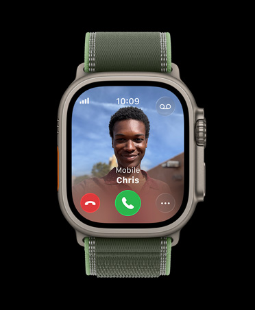 Apple Watch Ultra 3, natural colour, titanium case, an incoming call, band, Trail Loop, green/neon colour