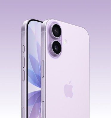 iPhone 17 in Lavender finish, partial-screen display and side angle shows — Action, volume and side button. Back exterior shows Dual Fusion camera system in top left corner.