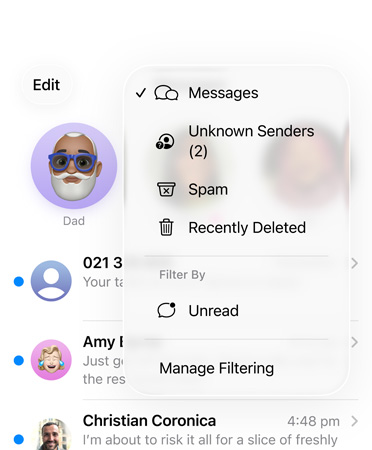 Messages app showing new screening tools feature that now filters unknown numbers into a section called Unknown Senders