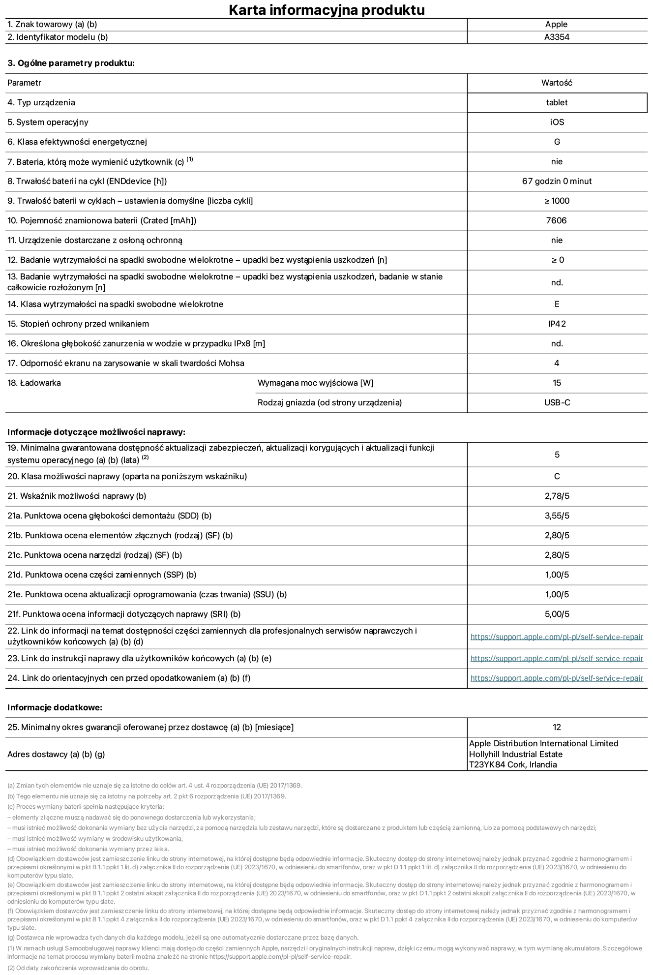 Karta informacyjna produktu dla iPada Wi-Fi, model A3354. Dostawca: Apple Distribution International Ltd, Hollyhill Industrial Estate. Cork, Irlandia T23 YK84. Rodzaj urządzenia: tablet. System operacyjny: iOS. Klasa efektywności energetycznej: G. Możliwość wymiany baterii przez użytkownika: nie. Trwałość baterii: 67 godzin. Trwałość baterii w cyklach: ≥ 1000. Znamionowa pojemność baterii: 7606 mAh. Wytrzymałość na spadki swobodne wielokrotne (liczba upadków bez awarii): ≥ 0. Klasa wytrzymałości na wielokrotne upadki: E. Stopień ochrony przed wnikaniem: IP42. Odporność ekranu na zarysowania (skala twardości Mohsa): 4. Minimalna moc wyjściowa ładowarki: 15 W. Typ złącza ładowarki: USB-C. Minimalny gwarantowany okres dostępności aktualizacji zabezpieczeń systemu operacyjnego, poprawek i nowych funkcji: 5 lat. Klasa możliwości naprawy: C. Wskaźnik możliwości naprawy: 2,78/5. Ocena głębokości demontażu: 3,55/5. Ocena elementów złącznych: 2,80/5. Ocena narzędzi: 2,80/5. Ocena części zamiennych: 1,00/5. Ocena aktualizacji oprogramowania: 1,00/5. Ocena informacji dotyczących naprawy: 5,00/5. Link do informacji o dostępności części zamiennych dla serwisantów i użytkowników końcowych: https://support.apple.com/self-service-repair. Link do instrukcji napraw dla użytkowników końcowych: https://support.apple.com/self-service-repair. Link do orientacyjnych cen bez podatku: https://support.apple.com/self-service-repair. Obowiązuje 12-miesięczna gwarancja ogólna.