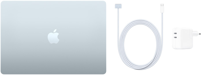 15‑calowy MacBook Air, przewód z USB‑C na MagSafe 3 i zasilacz z dwoma portami USB‑C o mocy 35 W