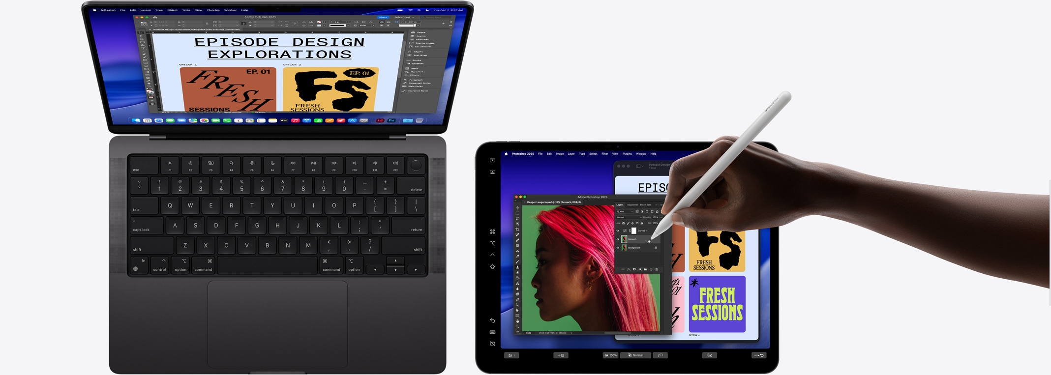 14‑calowy MacBook Pro, 13‑calowy iPad Pro użyty jako rozszerzenie ekranu MacBooka, dłoń z Apple Pencil Pro edytująca obraz na iPadzie