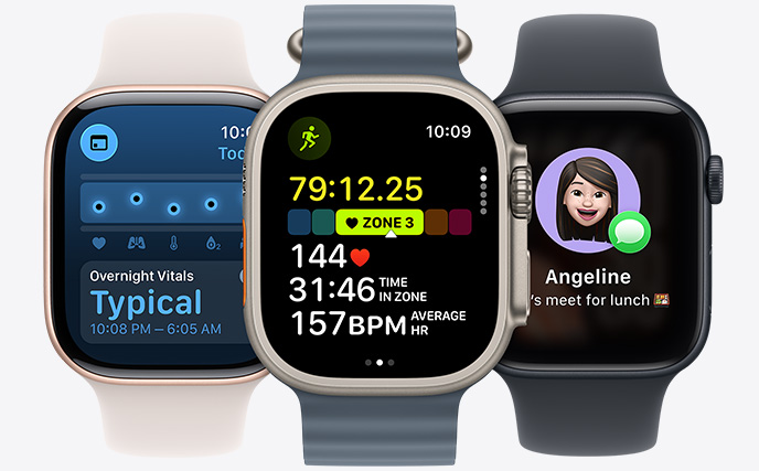 Three Apple Watch models, centre in Natural colour, face shows run in progress with heart rate stats, right in Jet Black, face with Genmoji, left in Rose Gold, face shows Vitals