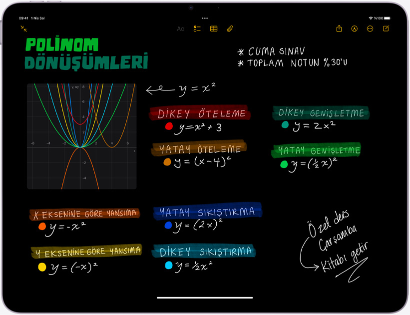 iPad Air, yatay pozisyonda, ekranında Matematik Notları görülüyor