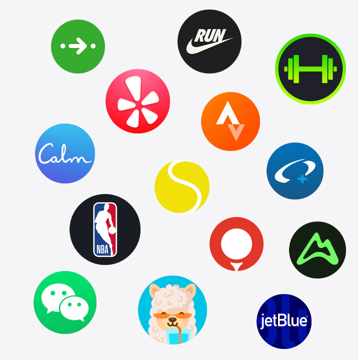 Apple Watch uygulama simgeleri: ChargePoint, Yelp, Nike Run Club, SmartGym, Calm, NBA, SwingVision, Oceanic+, WeChat, Waterllama, Golfshot, JetBlue, AllTrails