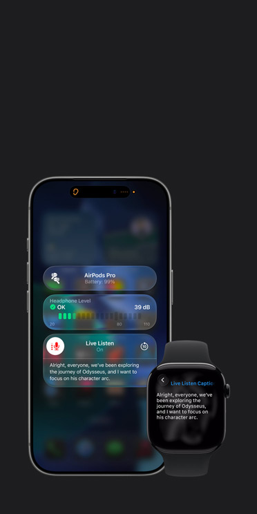 iPhone 17 Pro screen showing active Live Listen session with caption for captured audio and Apple Watch Series 11 screen showing Live Captions of the same captured audio
