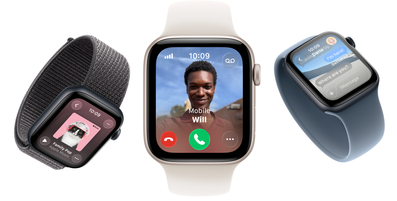 Apple Watch SE 3 devices, aluminium cases, starlight and midnight colours, Braided Solo Loop, turmeric colour, Solo Loop, neon yellow colour, Sport Loop, dark grey colour, screens: Apple Pay, Control Centre, Apple Music