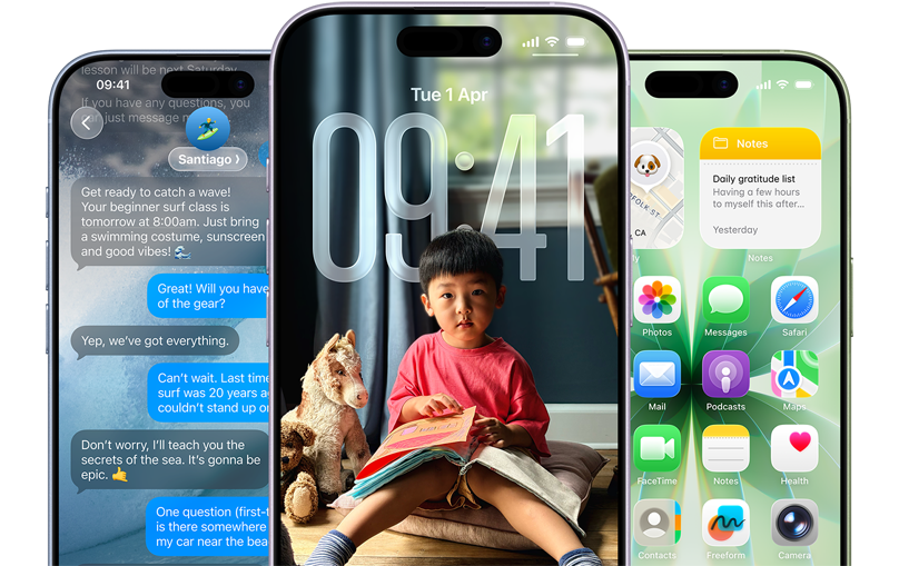 iPhone 17 devices, front exterior, colours: mist blue, lavender, sage, iOS features - background with messages, Liquid Glass showing the Lock Screen and Home Screen with various apps displayed