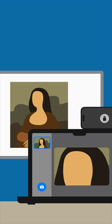 ภาพเคลื่อนไหวของแอปแว่นขยายบนหน้าจอ MacBook ที่กำลังซูมเข้าไปยังภาพของโมนาลิซ่าที่แสดงอยู่บนไวท์บอร์ดในห้องเรียน