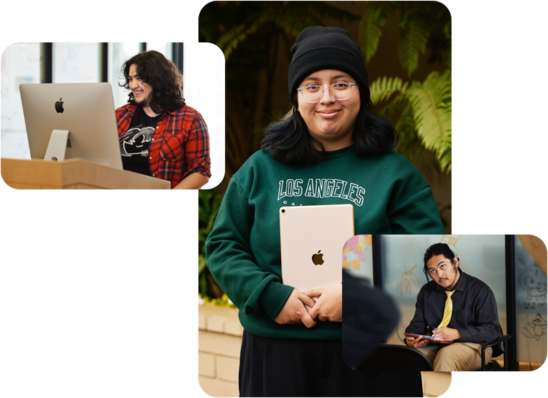 รูปถ่าย 3 รูปของนักเรียนจากโครงการ Exceptional Minds ซึ่งแสดงภาพนักเรียนที่กำลังใช้งานคอมพิวเตอร์ Mac, นักเรียนที่กำลังถือ iPad โดยหันด้านหลังของอุปกรณ์ออกมาด้านนอก และนักเรียนที่กำลังดูโมเดลและร่างภาพบน iPad โดยใช้ Apple Pencil