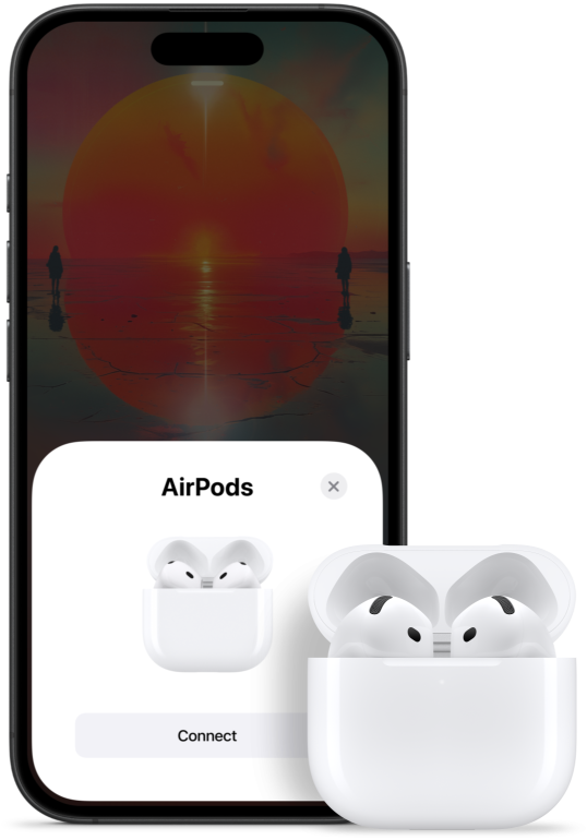 Μία ανοιχτή θήκη φόρτισης με τα AirPods 4 στο εσωτερικό της, δίπλα σε ένα iPhone δείχνοντας ότι τα AirPods 4 έχουν συνδεθεί.