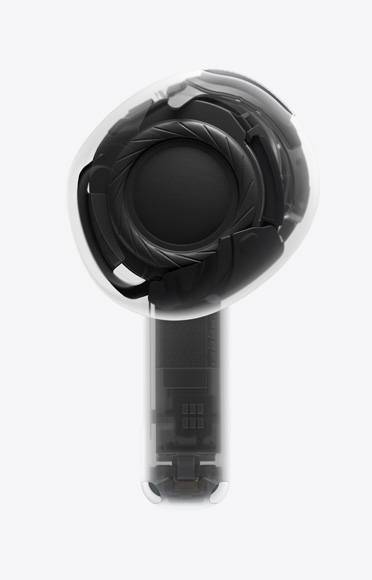 Ένα μεμονωμένο AirPod 4 με το H2 chip στο στέλεχος.