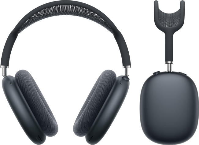 Imagem da frente e da lateral dos AirPods Max na cor meia-noite