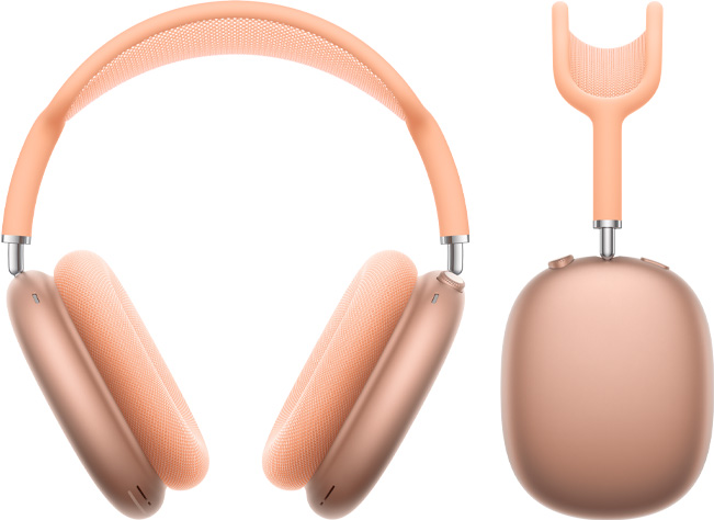 Imagem da frente e da lateral dos AirPods Max na cor laranja