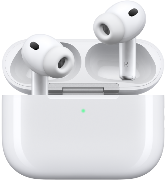 AirPods Pro 3 y estuche de carga MagSafe (USB-C), diseño redondeado, indicador de carga LED, estuche abierto, blanco, audífonos inalámbricos con almohadilla de silicona, parte inferior con las letras L y R