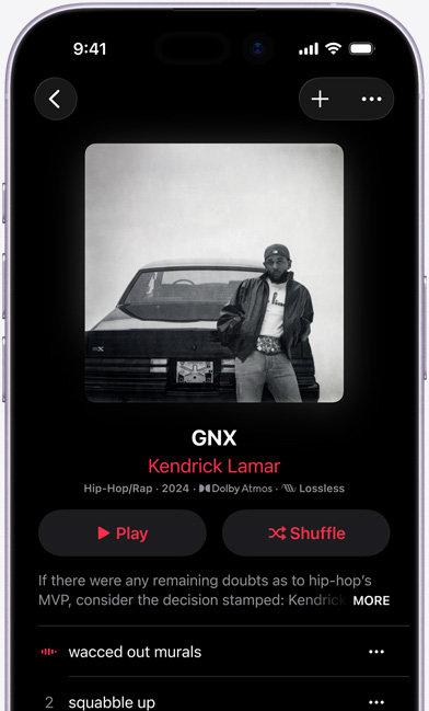 iPhone screen displaying the Kendrick Lamar album “GNX” on Apple Music