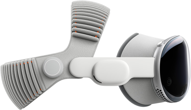 Side view of Apple Vision Pro, aluminum alloy frame, assembled with Light Seal, Audio Straps and Dual Knit Band