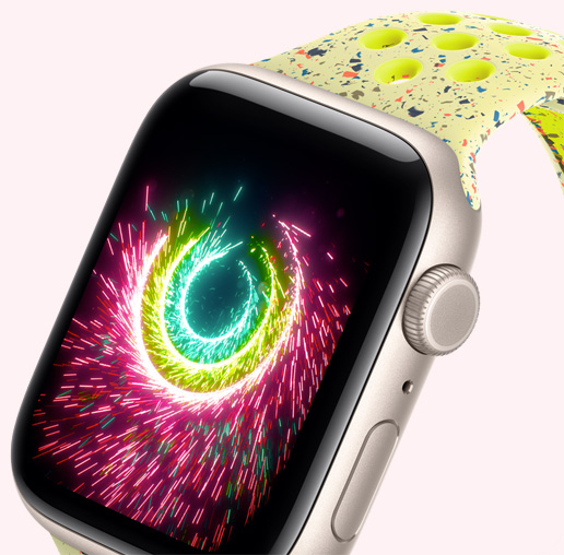 Apple Watch SE 3, aluminium case, starlight colour, Activity rings sparking like fireworks, volt splash Nike Sport Band