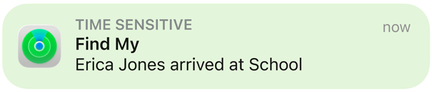 Animation of a notification message saying that a kid has arrived at school.