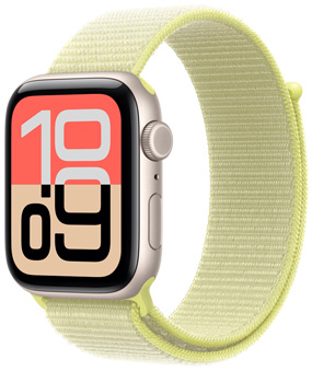 Apple Watch SE 3, aluminum case, starlight color, Flux watch face, right side exterior, Digital Crown, microphone, side button, neon yellow Sport Loop, pull tab closure