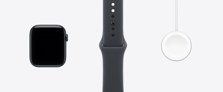 Apple Watch SE 3, κάσα από αλουμίνιο, χρώμα μαύρο του μεσονυκτίου, μπροστινή εξωτερική πλευρά, οθόνη από άκρη σε άκρη, λουράκι Sport Band σε μαύρο του μεσονυκτίου, Μαγνητικό καλώδιο γρήγορης φόρτισης Apple Watch σε USB-C