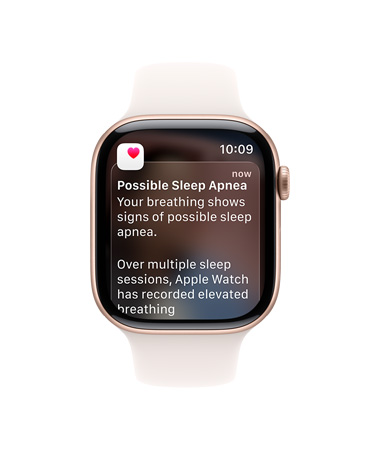 Apple Watch Series 11, rose gold colour, aluminium case, expanded sleep apnoea notification, right side exterior, Digital Crown, Sport Band, light blush colour