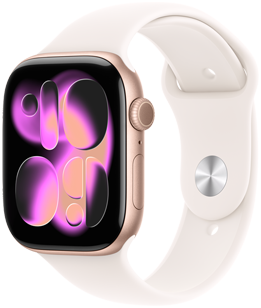 Apple Watch Series 11, oro rosa, caja de aluminio, carátula Responsive Art, parte lateral derecha, Digital Crown, micrófono, botón lateral, correa deportiva, color rosa rubor, cierre de encastre color plata