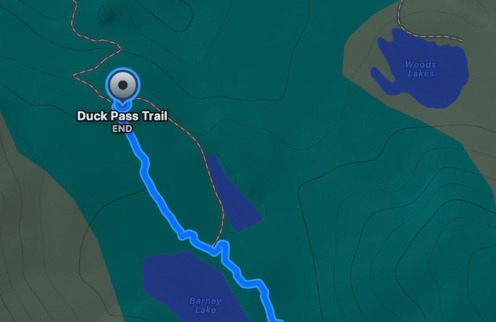 Karte mit eigener Route, geschätzte Zeit und Distanz zum gepinnten Standort
