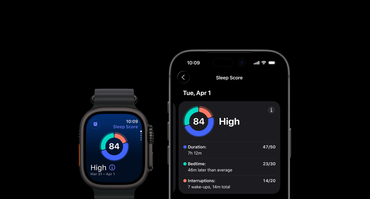 Kreisdiagramm und Bewertung zum Schlafindex auf der Apple Watch Ultra 3, genaue Analyse wird auf gekoppeltem iPhone angezeigt