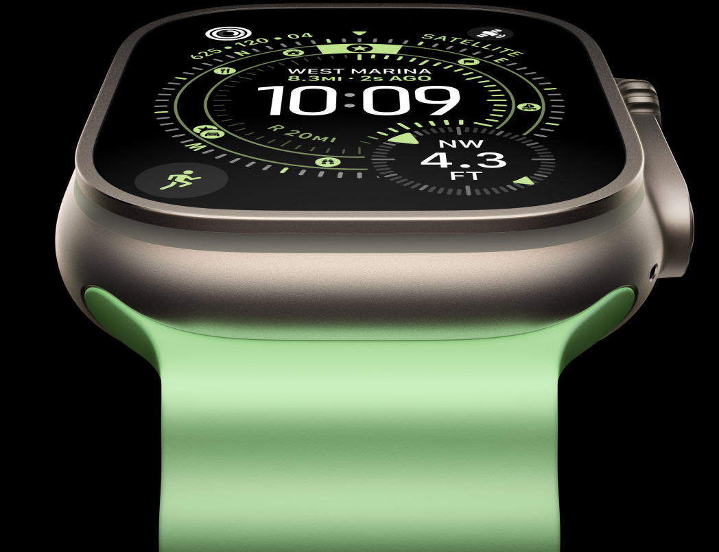 Apple Watch Ultra 3, Titangehäuse, Farbe Natur, Kompass auf dem Orientierung Zifferblatt, Ocean Armband, Farbe Neongrün
