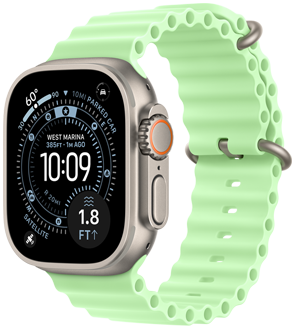 Apple Watch Ultra 3, natural colour, titanium case, Orienteering watch face, complications: weather, parked car location, satellite and distance to surface, right side exterior, Digital Crown, microphone, side button, Ocean Band, neon green colour