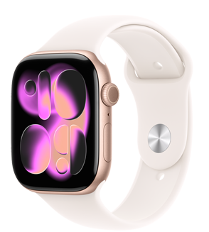 Apple Watch Series 11, color oro rosa, caja de aluminio, carátula Responsive Art, parte lateral derecha, Digital Crown, micrófono, botón lateral, correa deportiva, rosa rubor