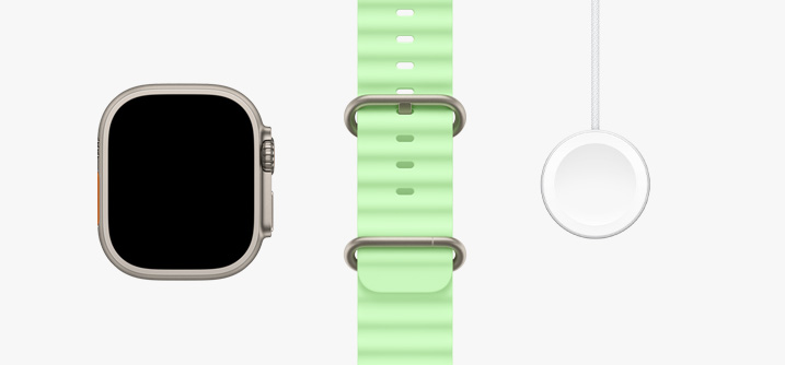 Apple Watch Ultra 3, caja de titanio natural, pantalla con diseño de borde a borde, correa Ocean verde neón, cable de carga magnética rápida con conector USB-C para el Apple Watch
