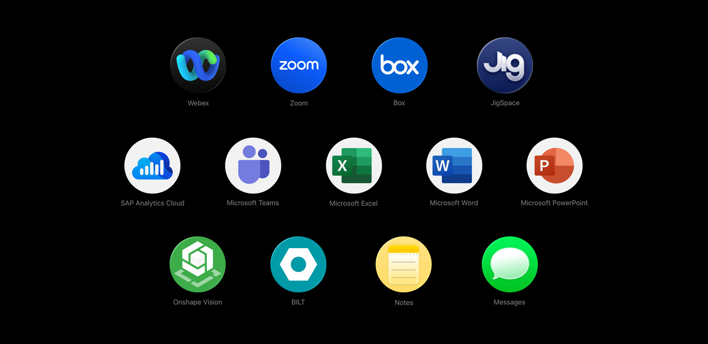 Various app icons in a scattered array, including Webex, Zoom, Box, JigSpace, SAP Analytics Cloud, Microsoft Teams, Microsoft Excel, Microsoft Word, Microsoft PowerPoint, Onshape Vision, BILT, Notes and Messages