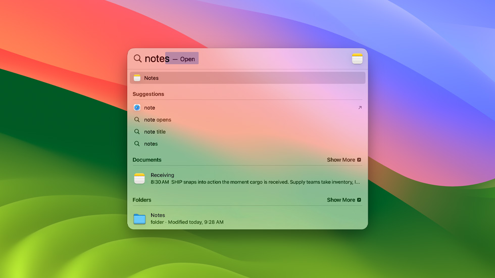 Notlar uygulaması için Spotlight araması.