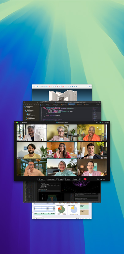 Various apps open and layered on each other. The app in the foreground is a Zoom call with several participants.