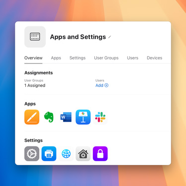Apple Business Essentials window featuring various tabs including an overview tab, apps tab, settings tab, and user groups tab.