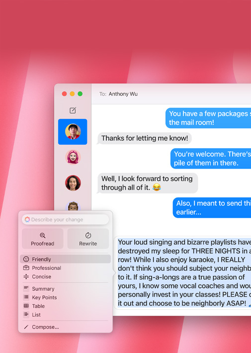 Funktsiooni Writing Tools tutvustus. Kasutaja sõnum saab sõnumirakenduses sõbralikuma tooni, kasutades funktsiooni Friendly Tone