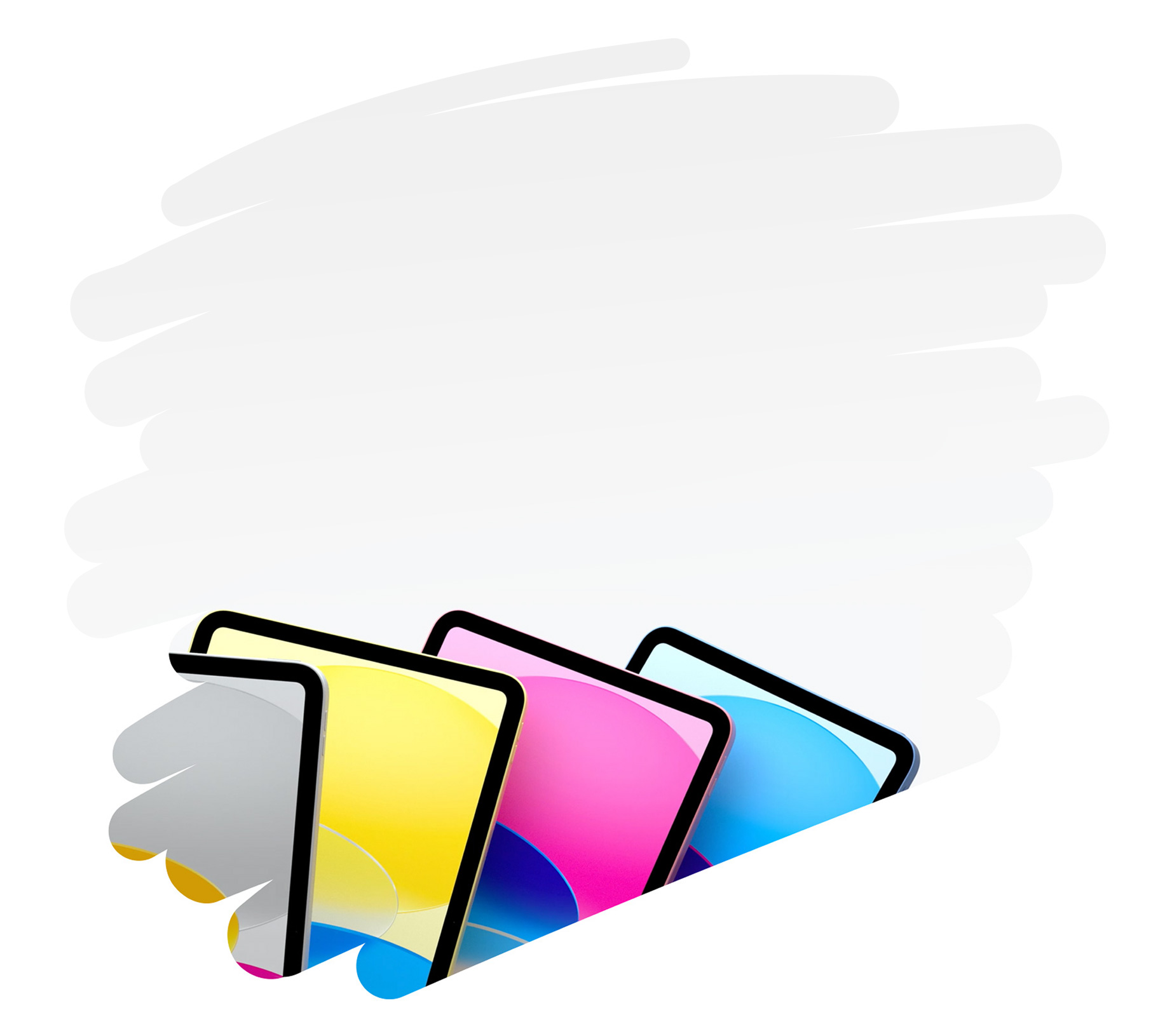 Kleurrijke iPad-modellen die worden getoond in een grote penseelstreek op de pagina.
