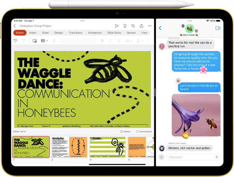 Split View van Powerpoint en Berichten op iPad met Apple Pencil magnetisch eraan vastgeklikt.
